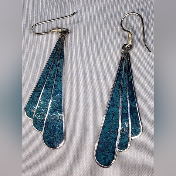 Vintage Mexico Sterling silver and turquoise inlay dangle earrings - Picture 4 of 9